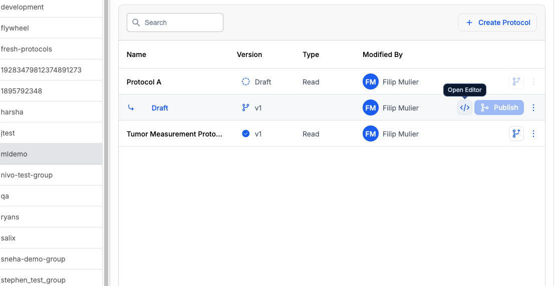 Open Editor button for draft protocol
