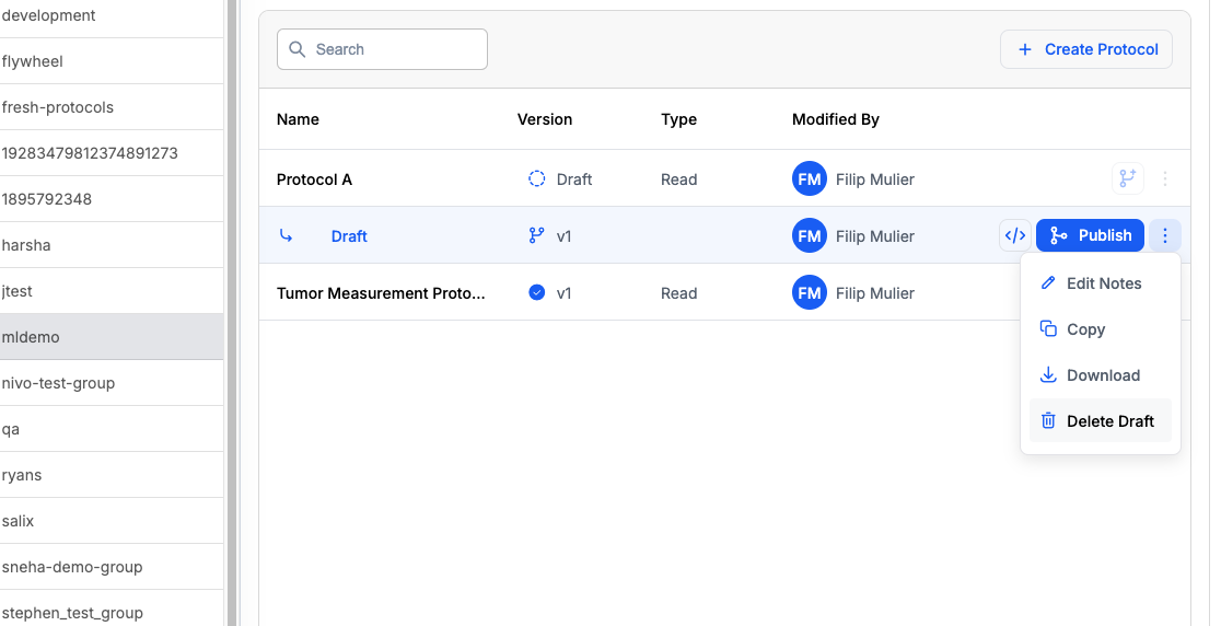 Published protocol actions menu without Delete Draft option